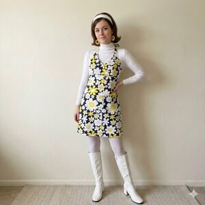 Vintage 60s Bobbie Brooks Dress Womens XS Floral Daisy Mini Black Yellow White